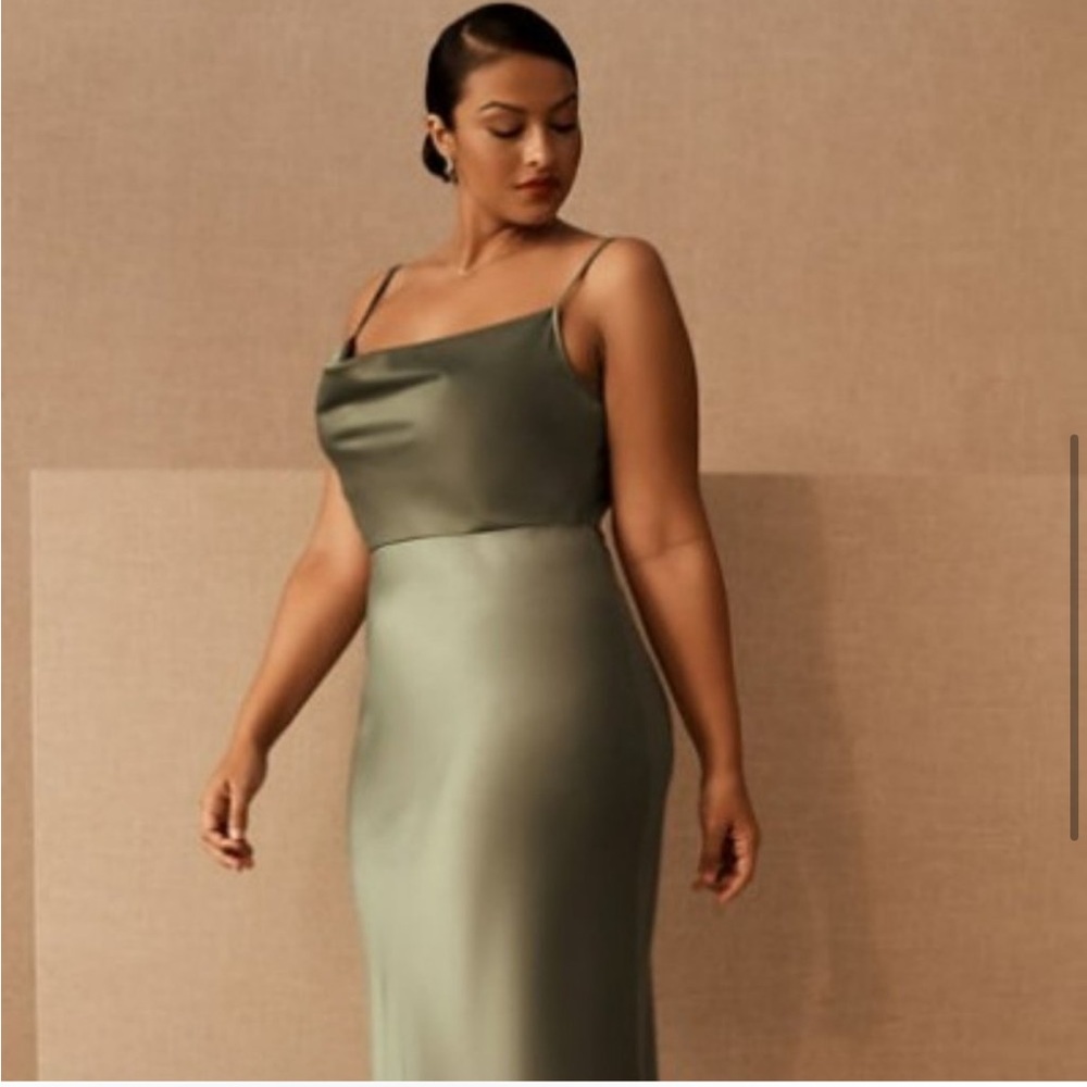 BHLDN Green Moss Cali Satin Charmeuse Midi Double Slit Cowl Neck Dress Size 10